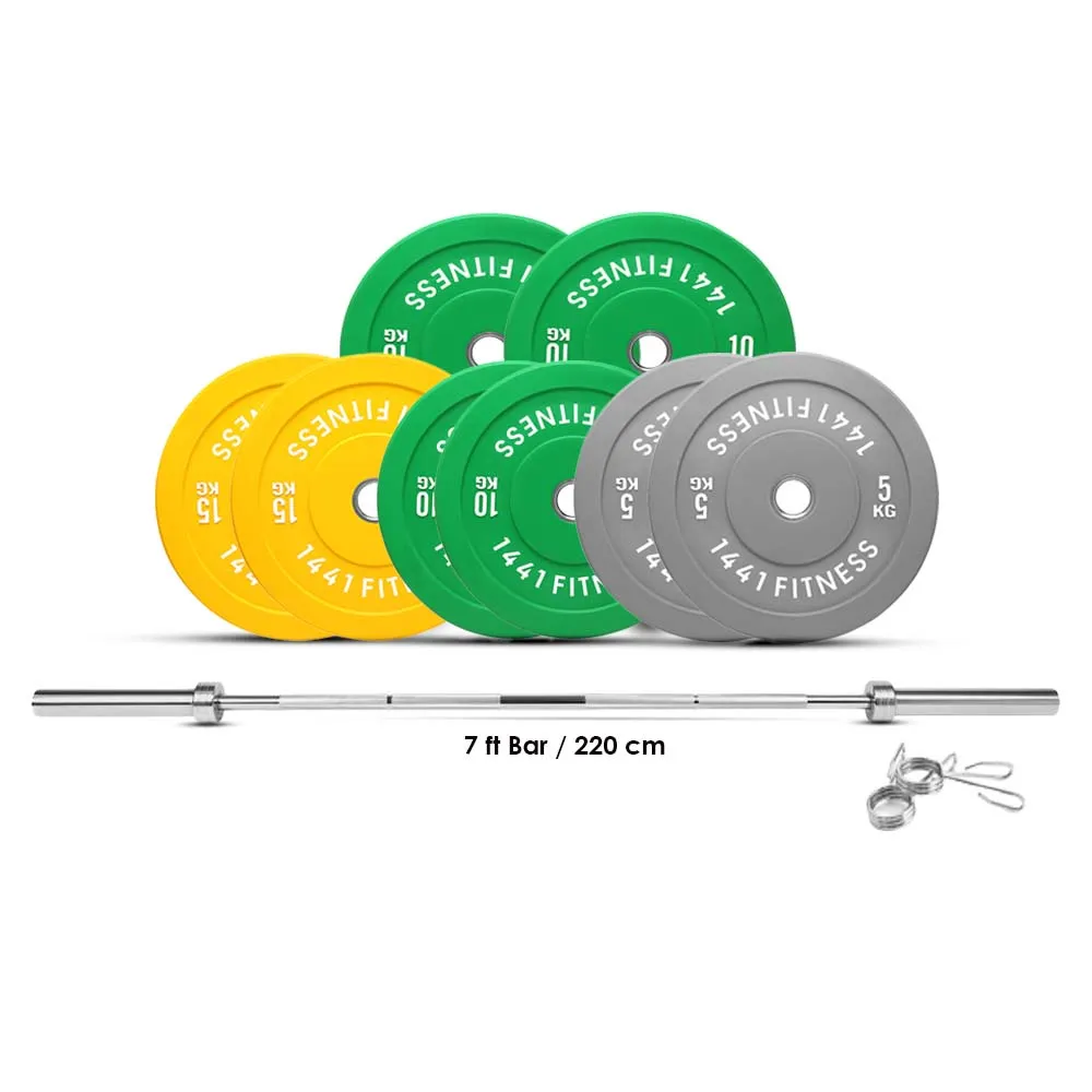 1441 Fitness Premium Color Rubber Bumper Plates Set - 100 Kg / 7 Ft Barbell