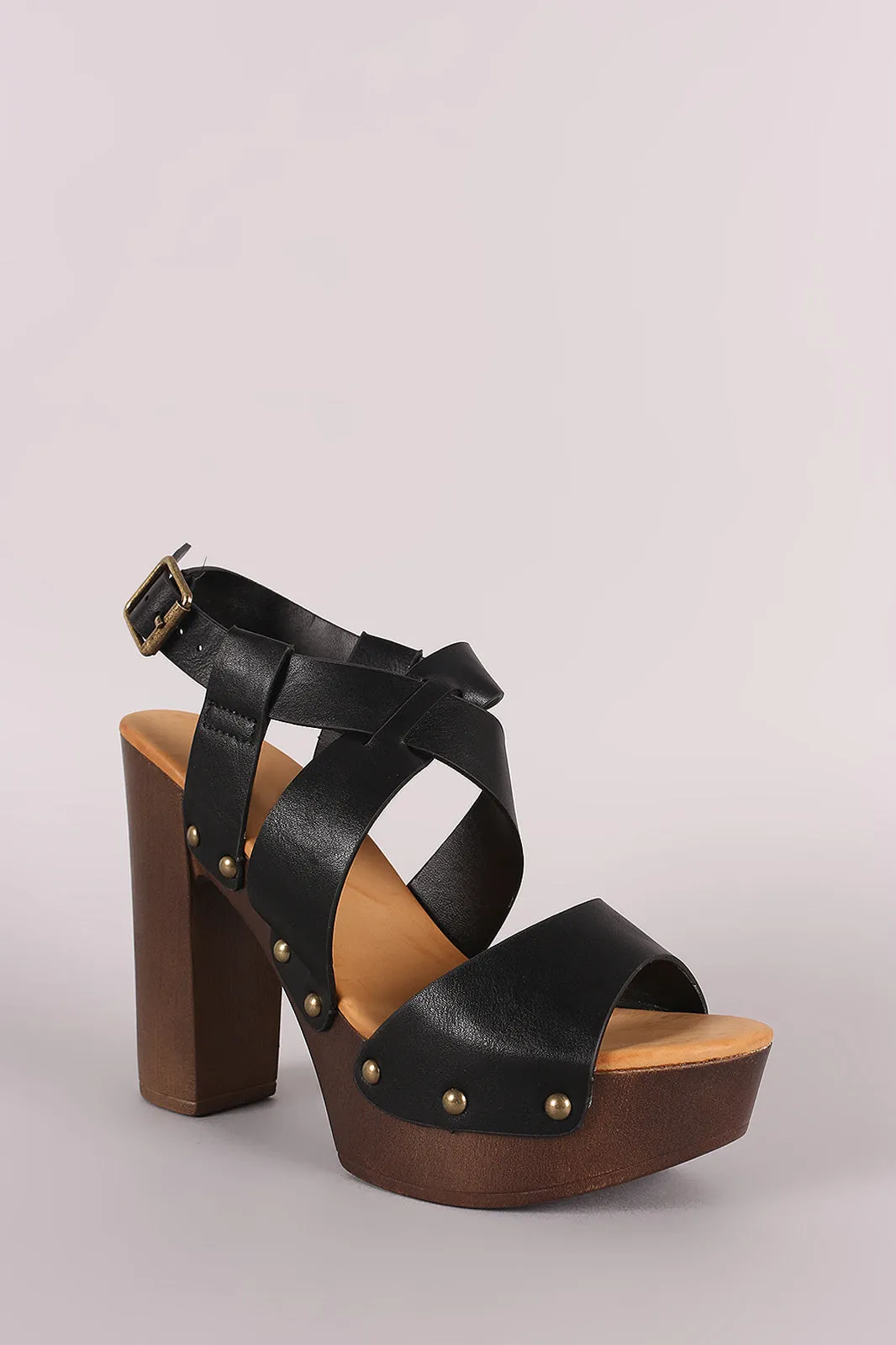 Bamboo Peep Toe Crisscross Wooden Chunky Platform Heel