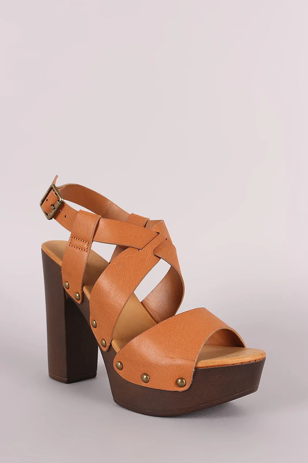 Bamboo Peep Toe Crisscross Wooden Chunky Platform Heel
