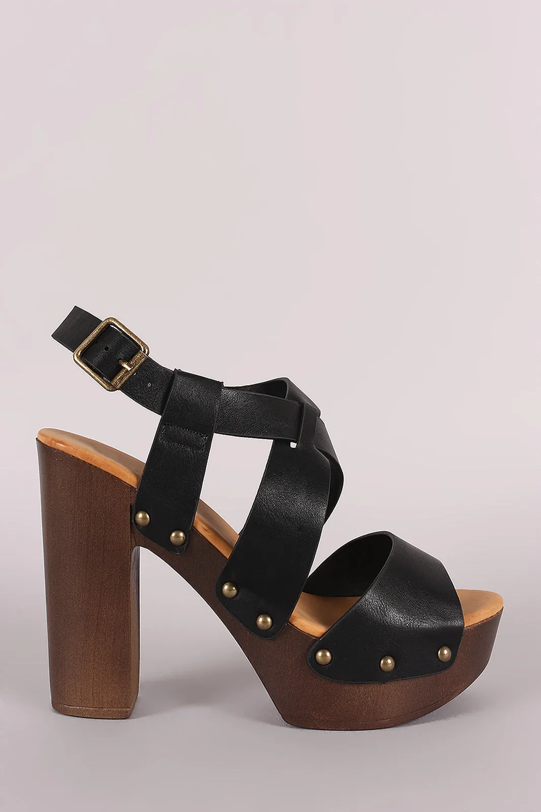 Bamboo Peep Toe Crisscross Wooden Chunky Platform Heel