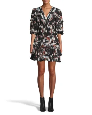 Baroque Smocked Silk Ruffle Mini Dress In Black Multi