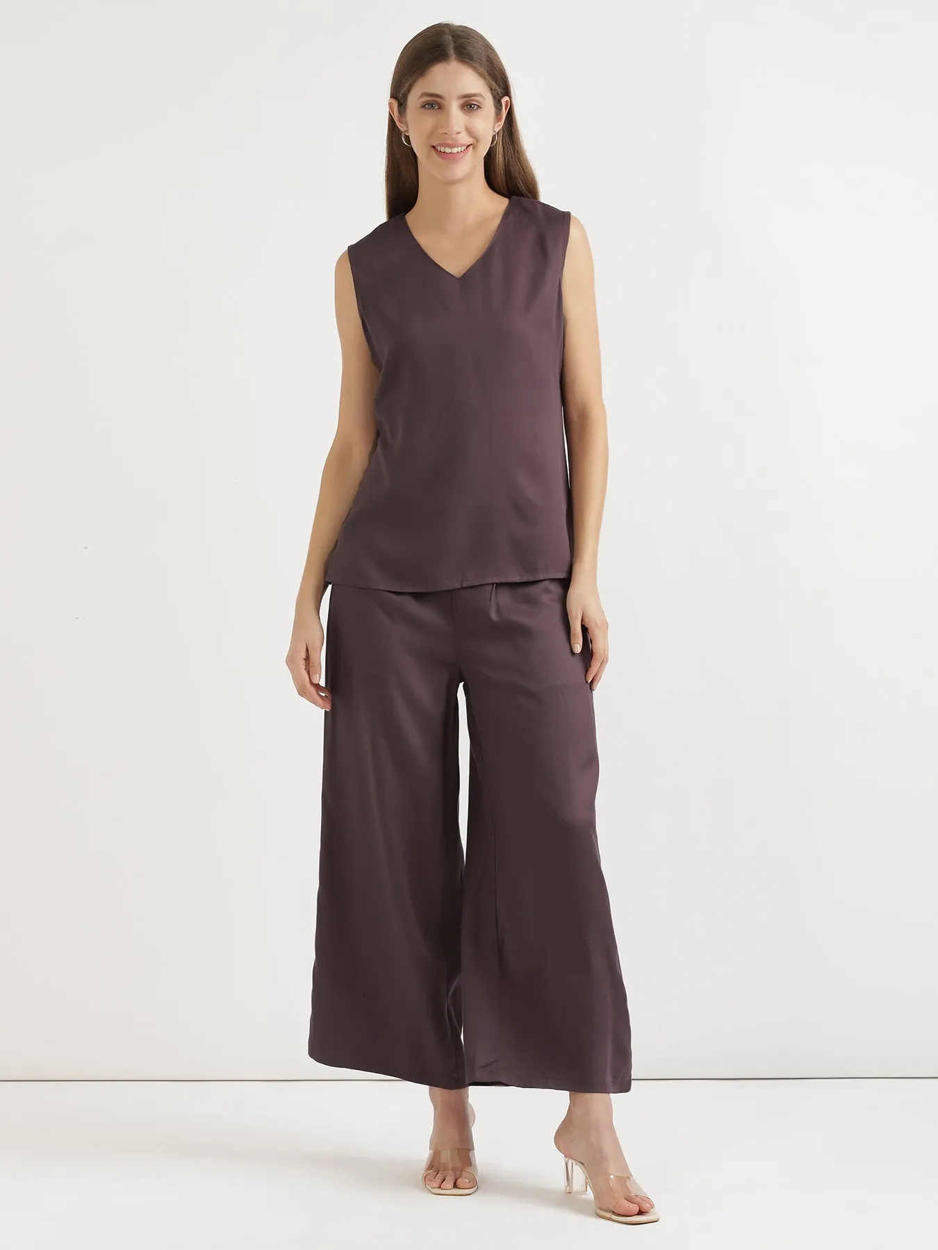 Brinjal V-Neck Sleeveless Top