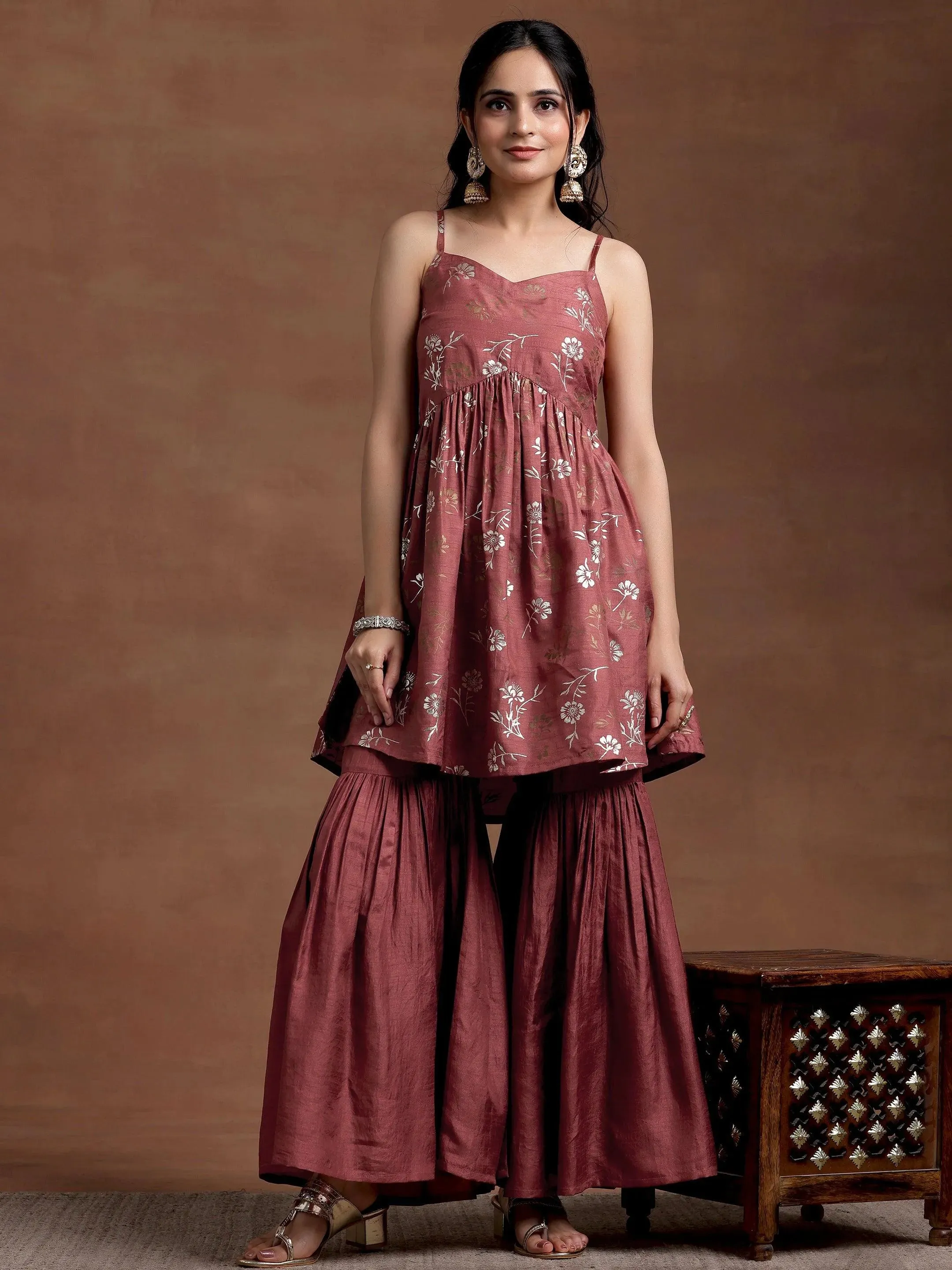 Brown Printed Silk Blend A-Line Kurta With Sharara