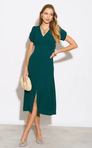 Chic Button-Down Midi Shirt Dress in Deep Green