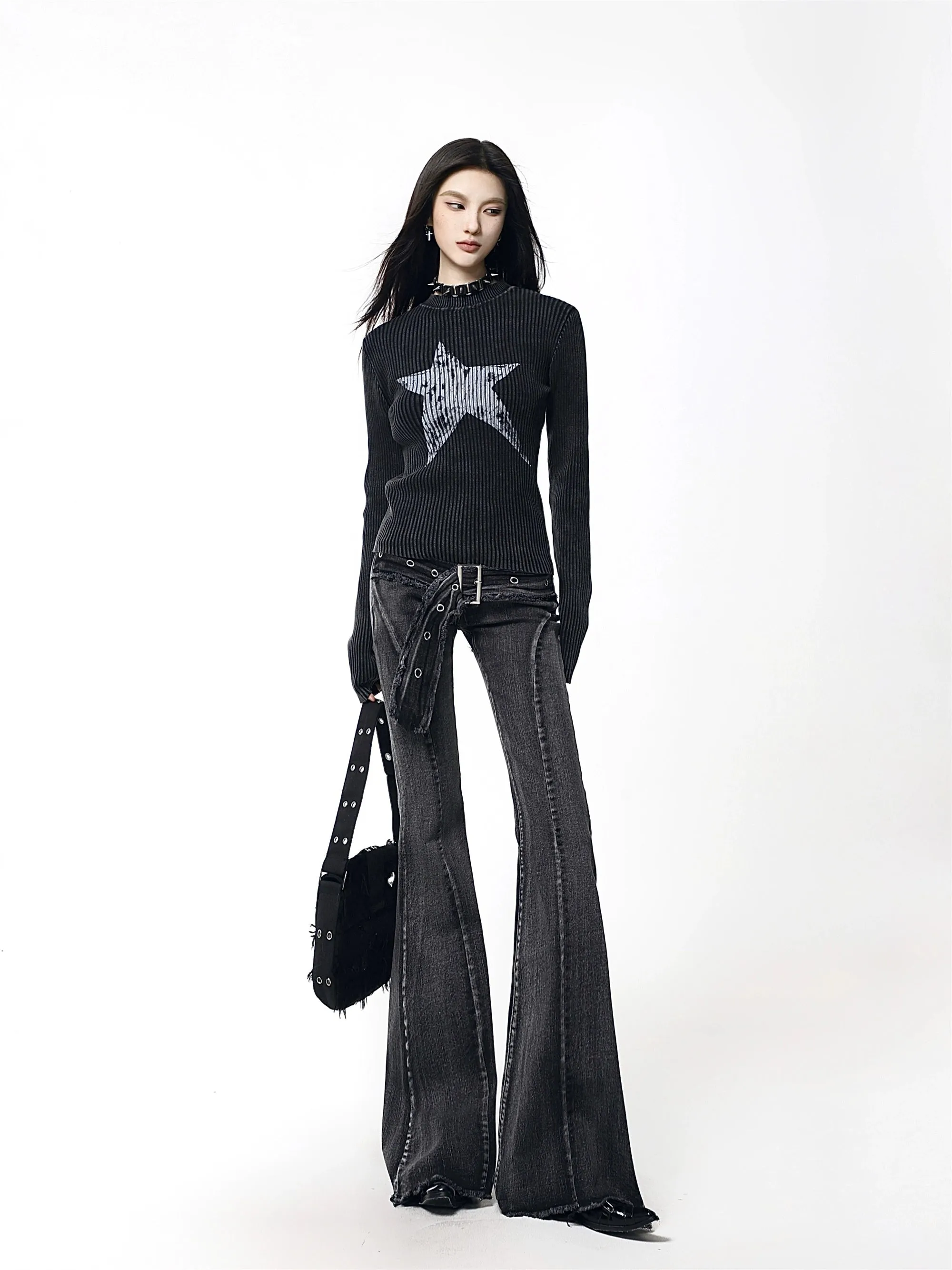 Distressed Stitch Denim Flare Jeans with Grommet Detail