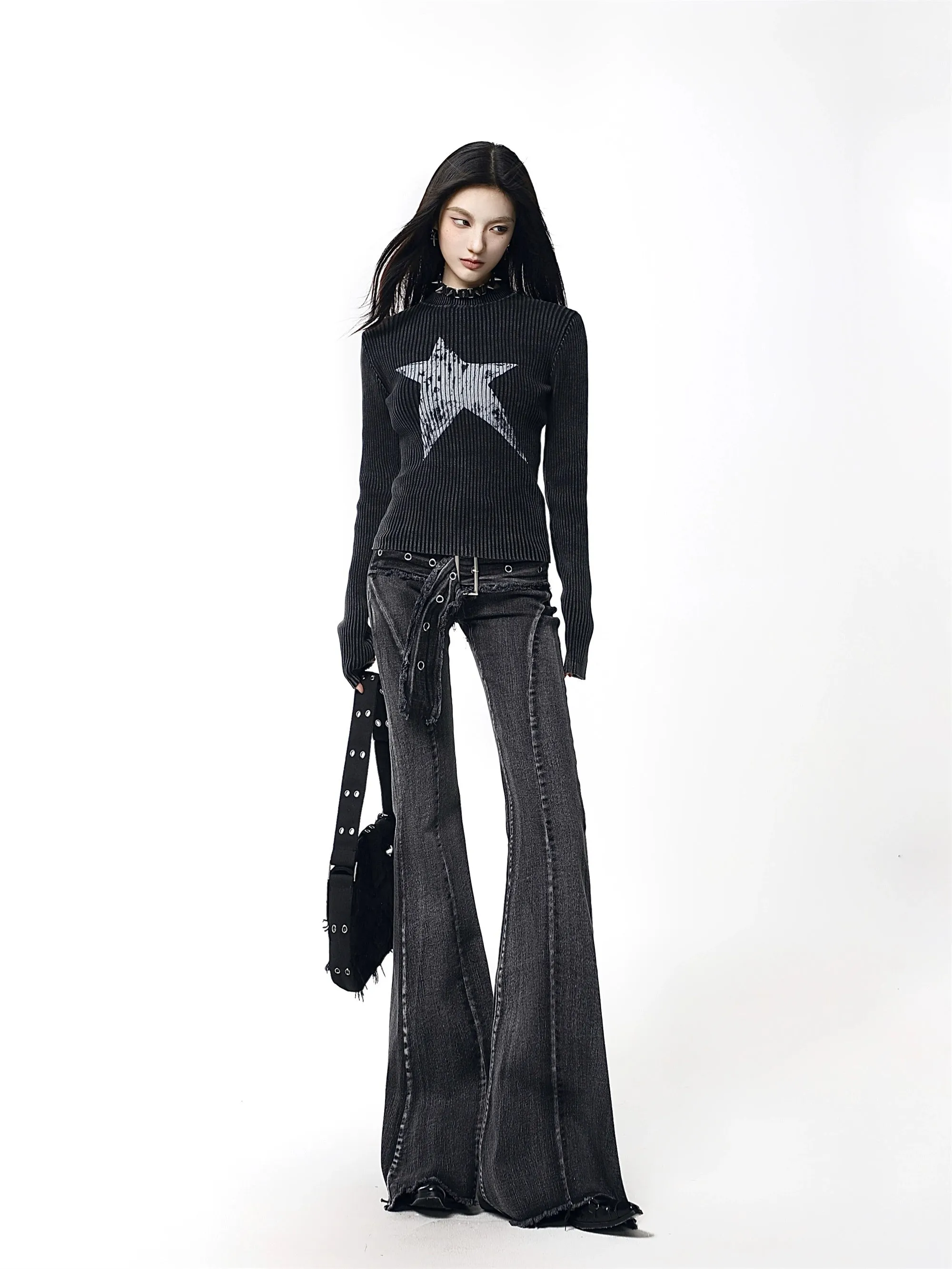 Distressed Stitch Denim Flare Jeans with Grommet Detail