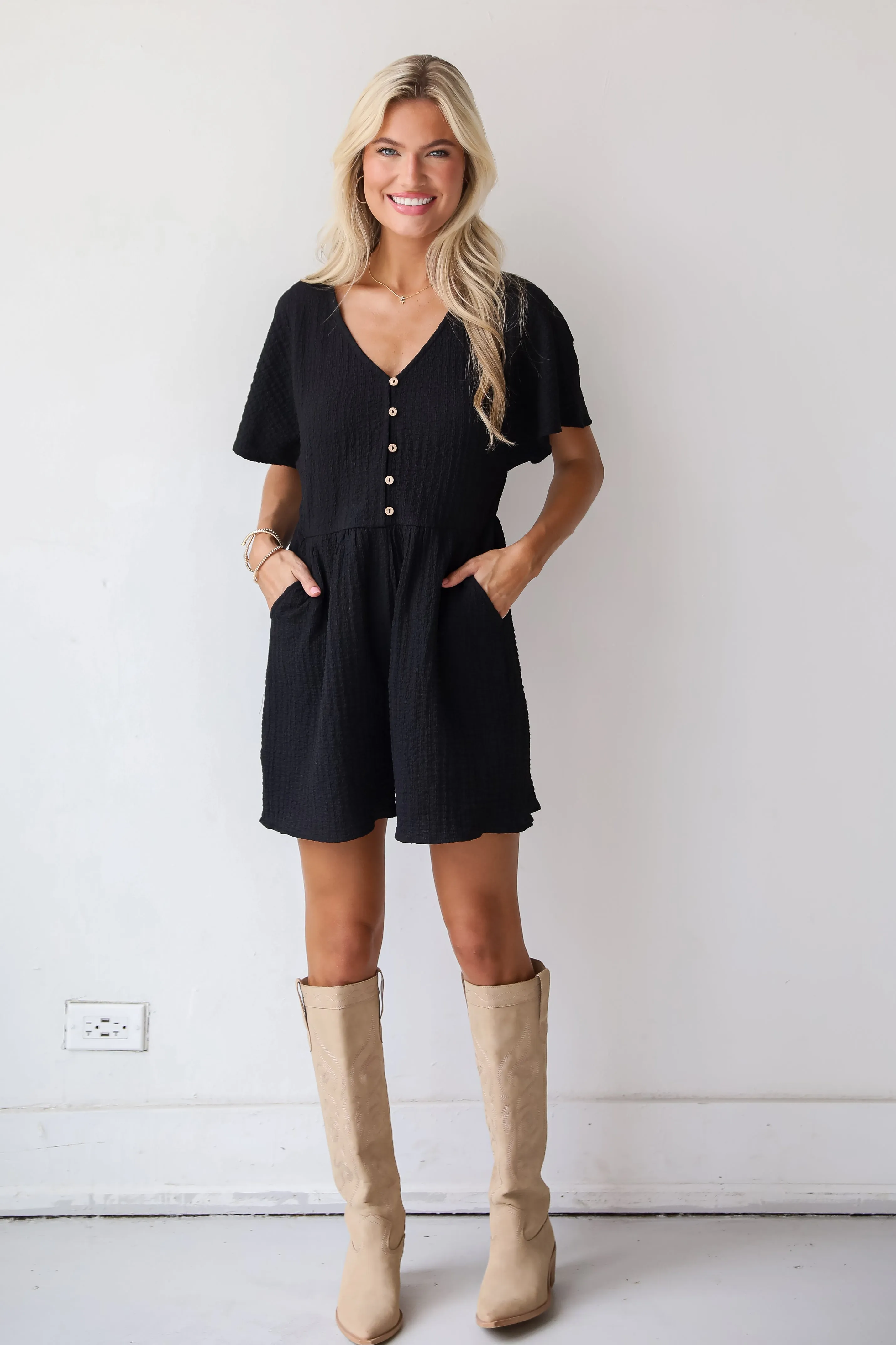 FINAL SALE - Skilled Poise Black Textured Romper