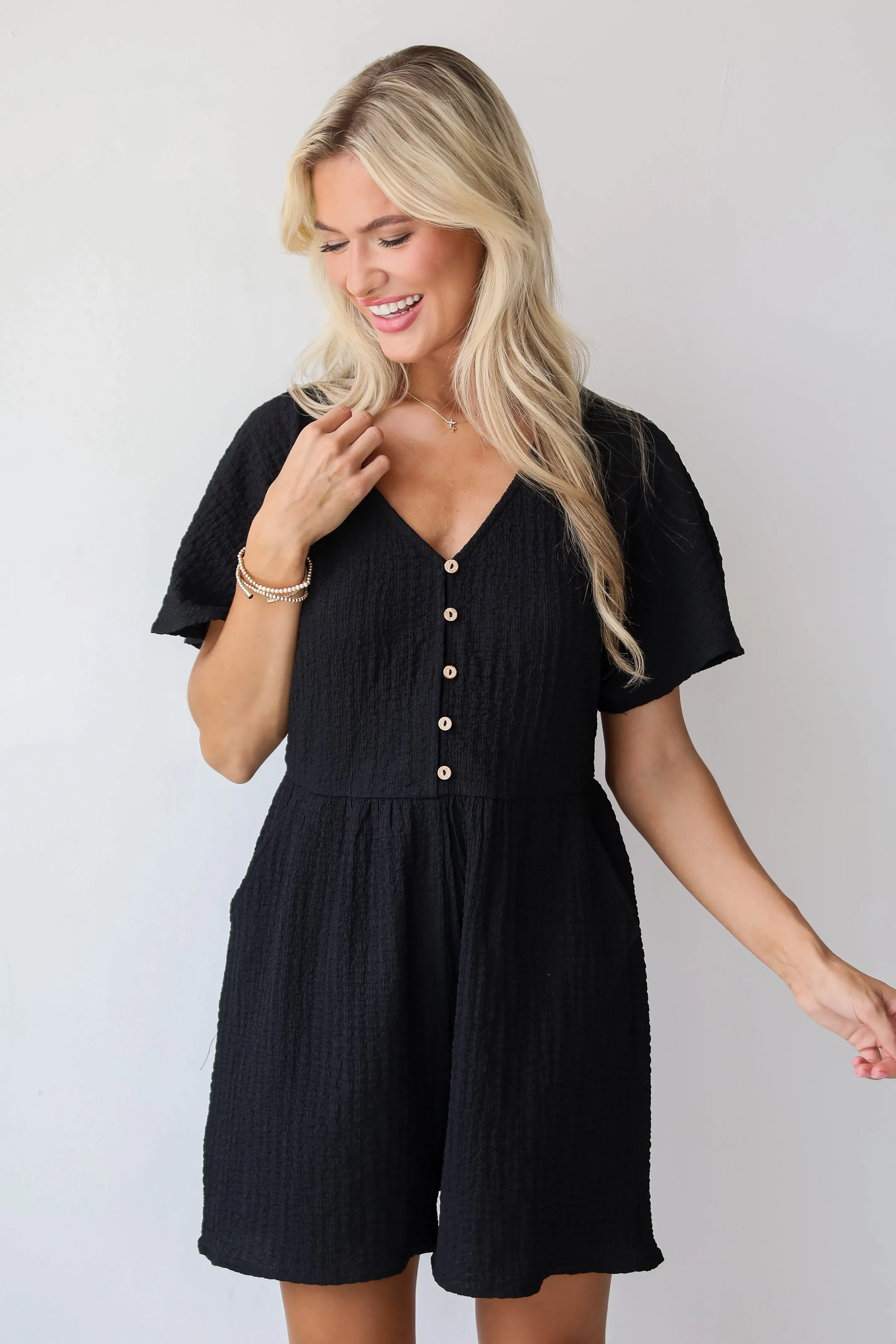 FINAL SALE - Skilled Poise Black Textured Romper
