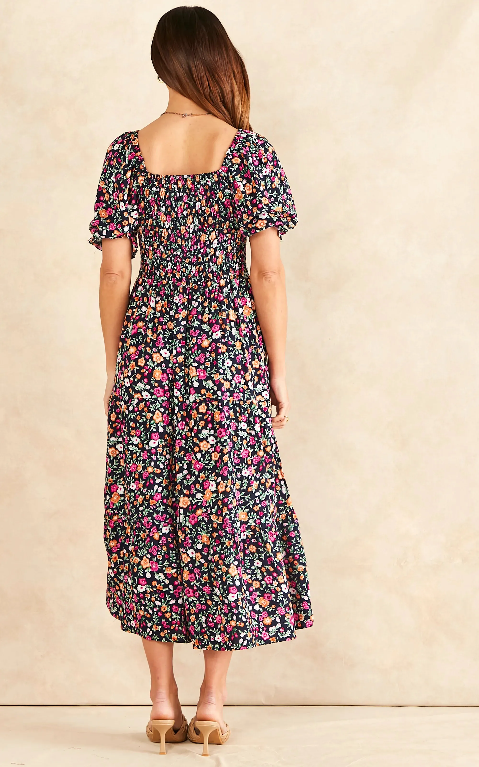 Floral Bardot Midi Dress with Puff Sleeves & Elastic Detailing