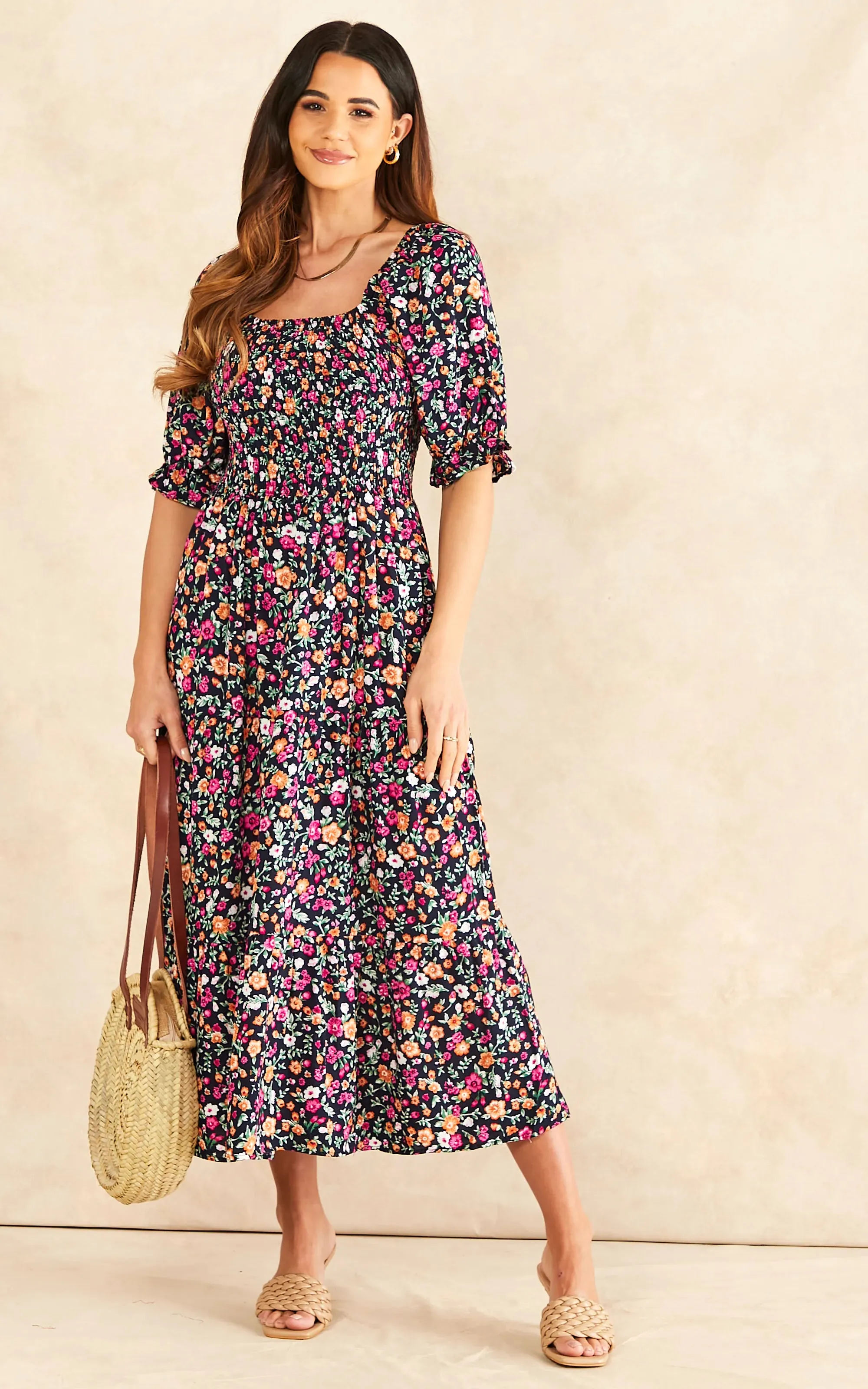 Floral Bardot Midi Dress with Puff Sleeves & Elastic Detailing