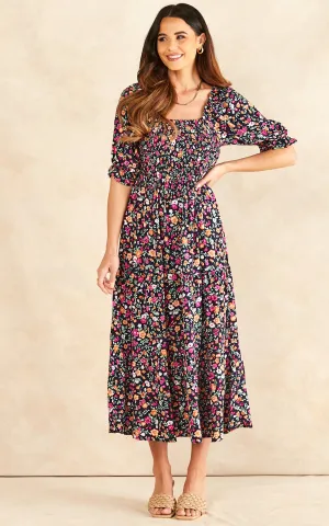 Floral Bardot Midi Dress with Puff Sleeves & Elastic Detailing
