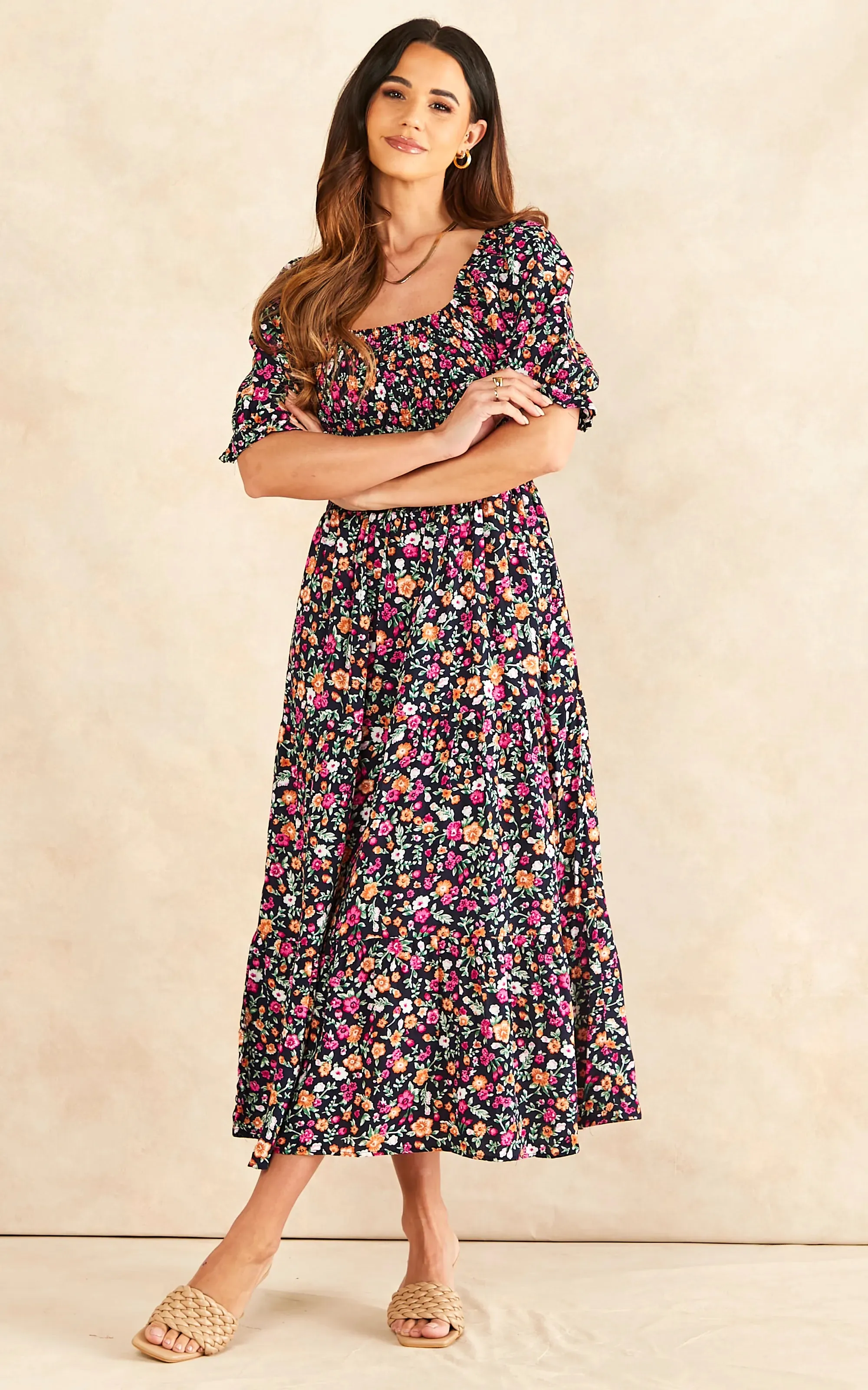 Floral Bardot Midi Dress with Puff Sleeves & Elastic Detailing