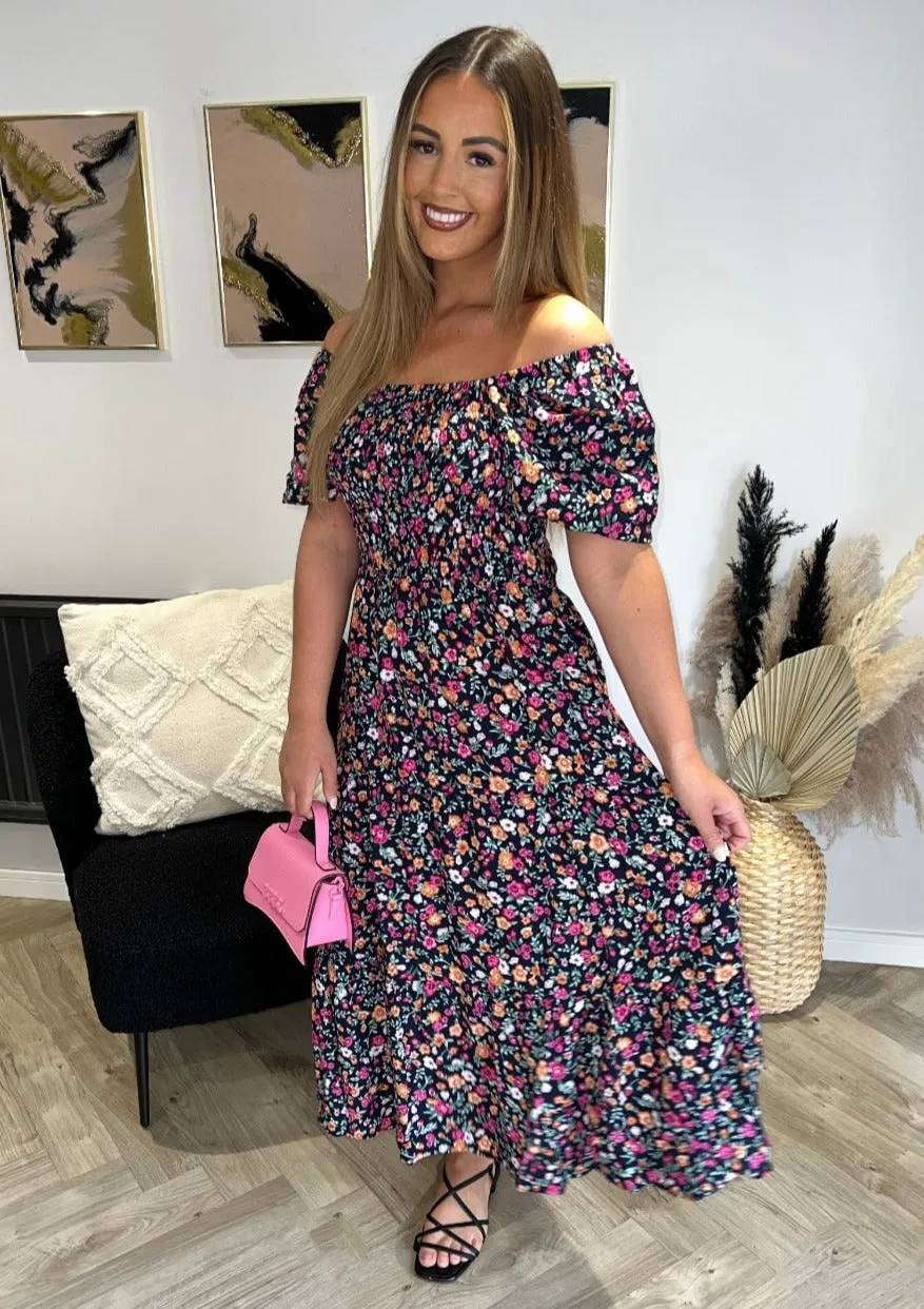 Floral Bardot Midi Dress with Puff Sleeves & Elastic Detailing