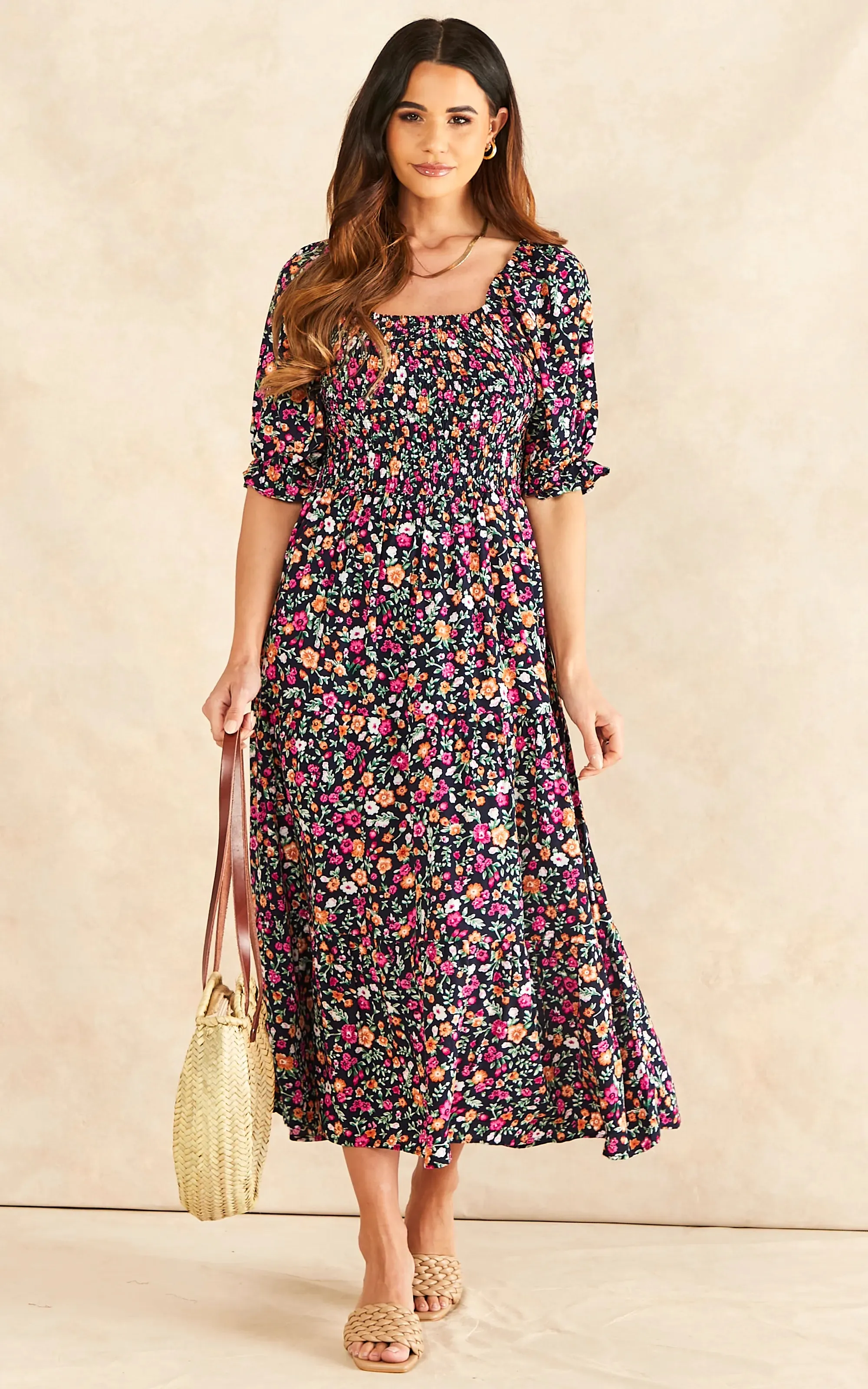 Floral Bardot Midi Dress with Puff Sleeves & Elastic Detailing