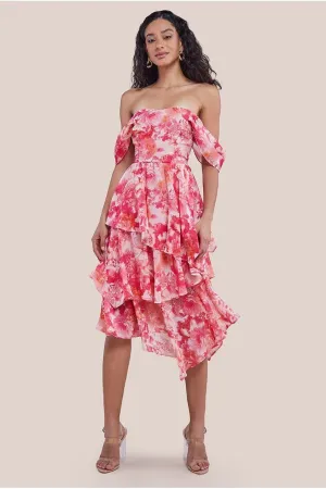 Goddiva Bardot Asymmetric Handkerchief Tier Midaxi - Blush