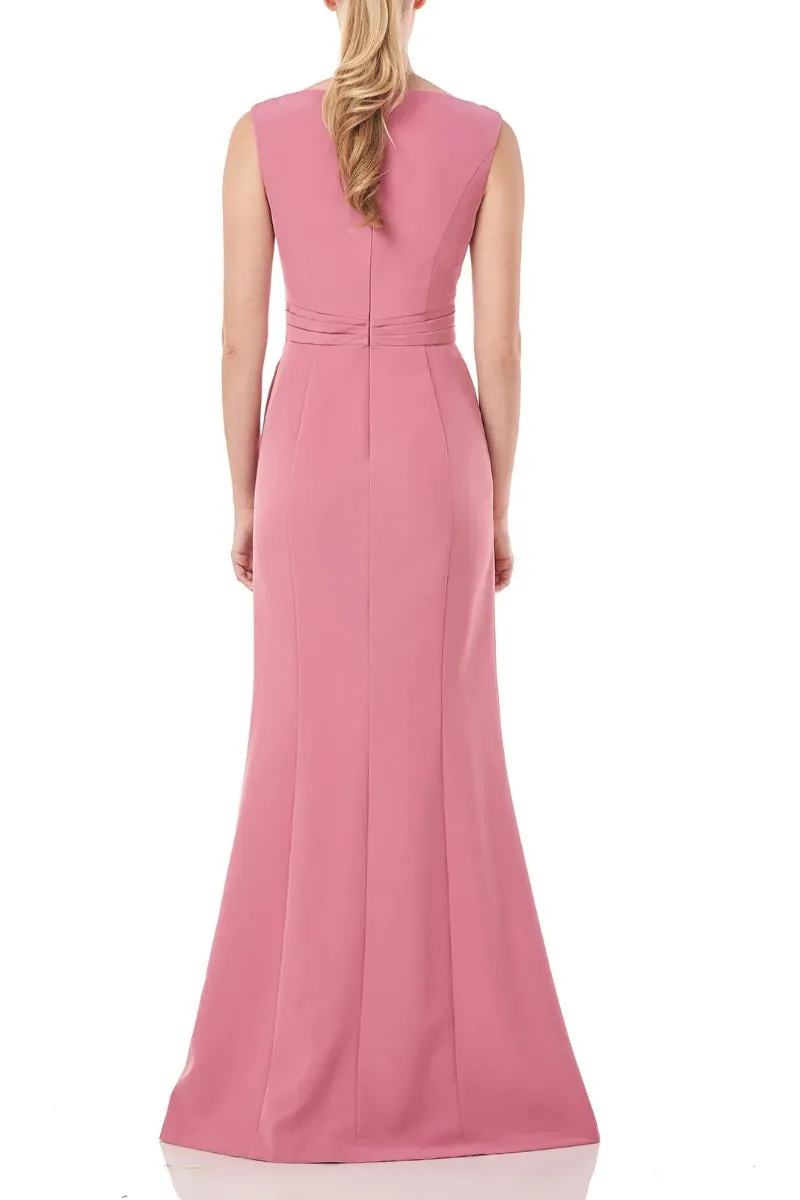 Kay Unger Boat Neck Sleeveless Pleated Front Zipper Back Solid Stretch Crepe Dress