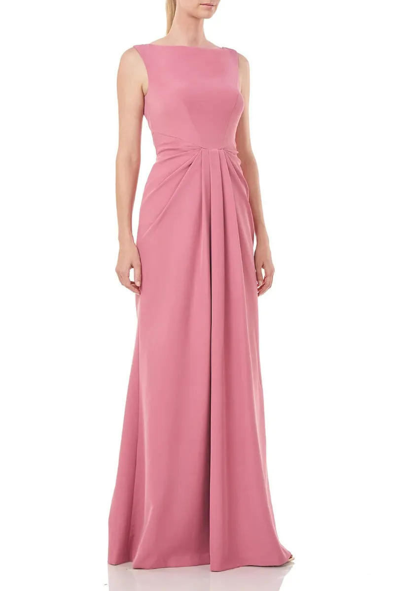 Kay Unger Boat Neck Sleeveless Pleated Front Zipper Back Solid Stretch Crepe Dress