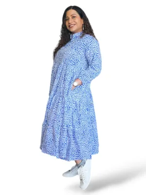 Melange - Indian Block Print Front Button Tiered Midi Dress - White/Indigo Abstract