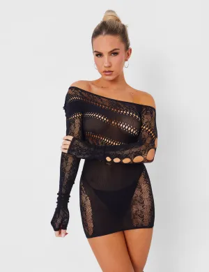 Mesh Lace Panel Off Shoulder Mini Dress Black