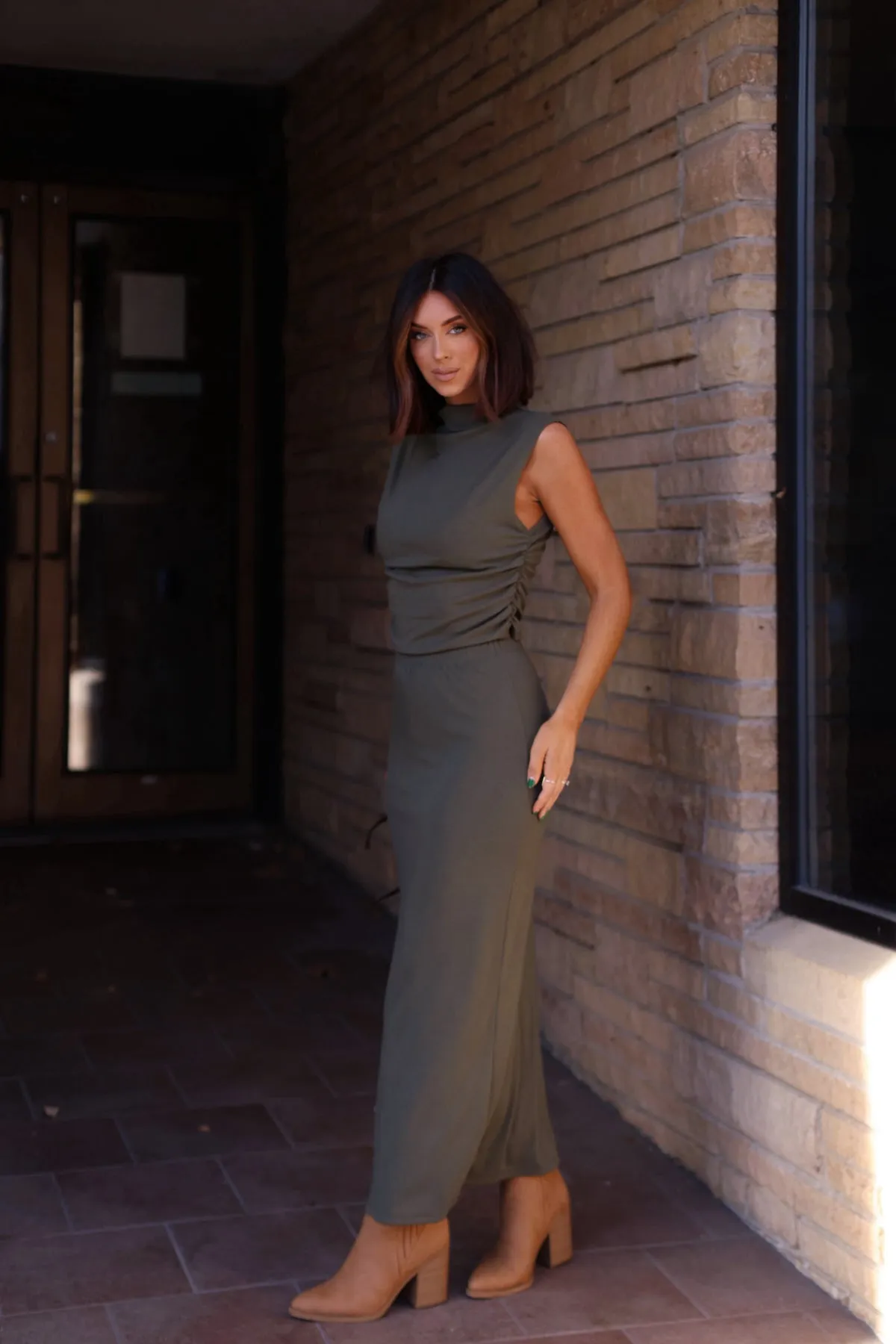 Muse By Magnolia Olive Ruched Top - DOORBUSTER