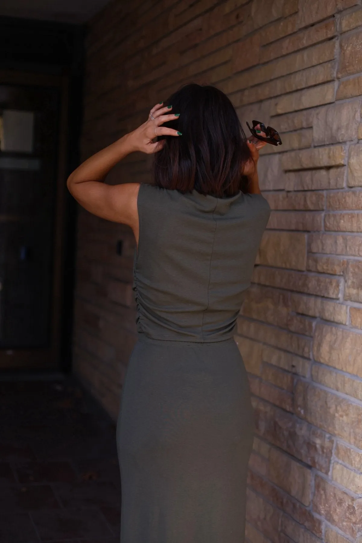 Muse By Magnolia Olive Ruched Top - DOORBUSTER
