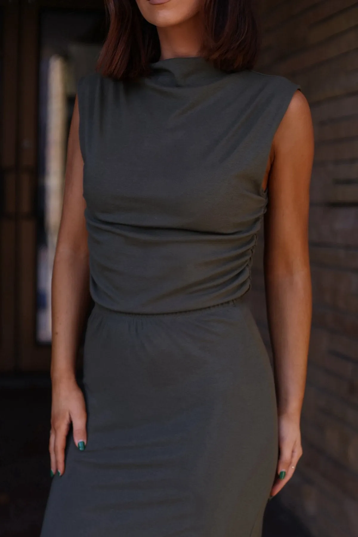 Muse By Magnolia Olive Ruched Top - DOORBUSTER