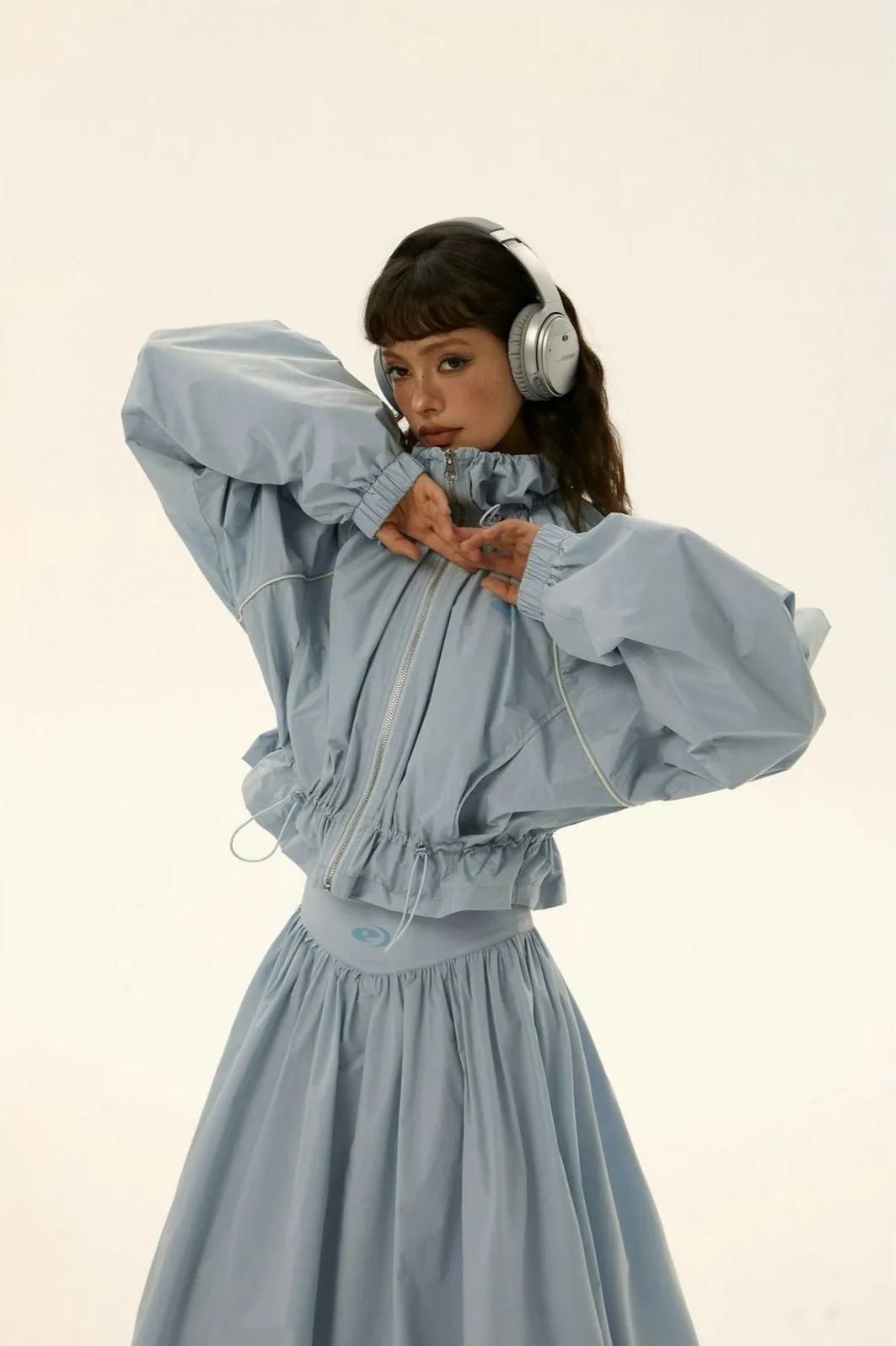 Ruched Windbreaker Track Jacket and Balloon Midi Skirt Two Piece-Set