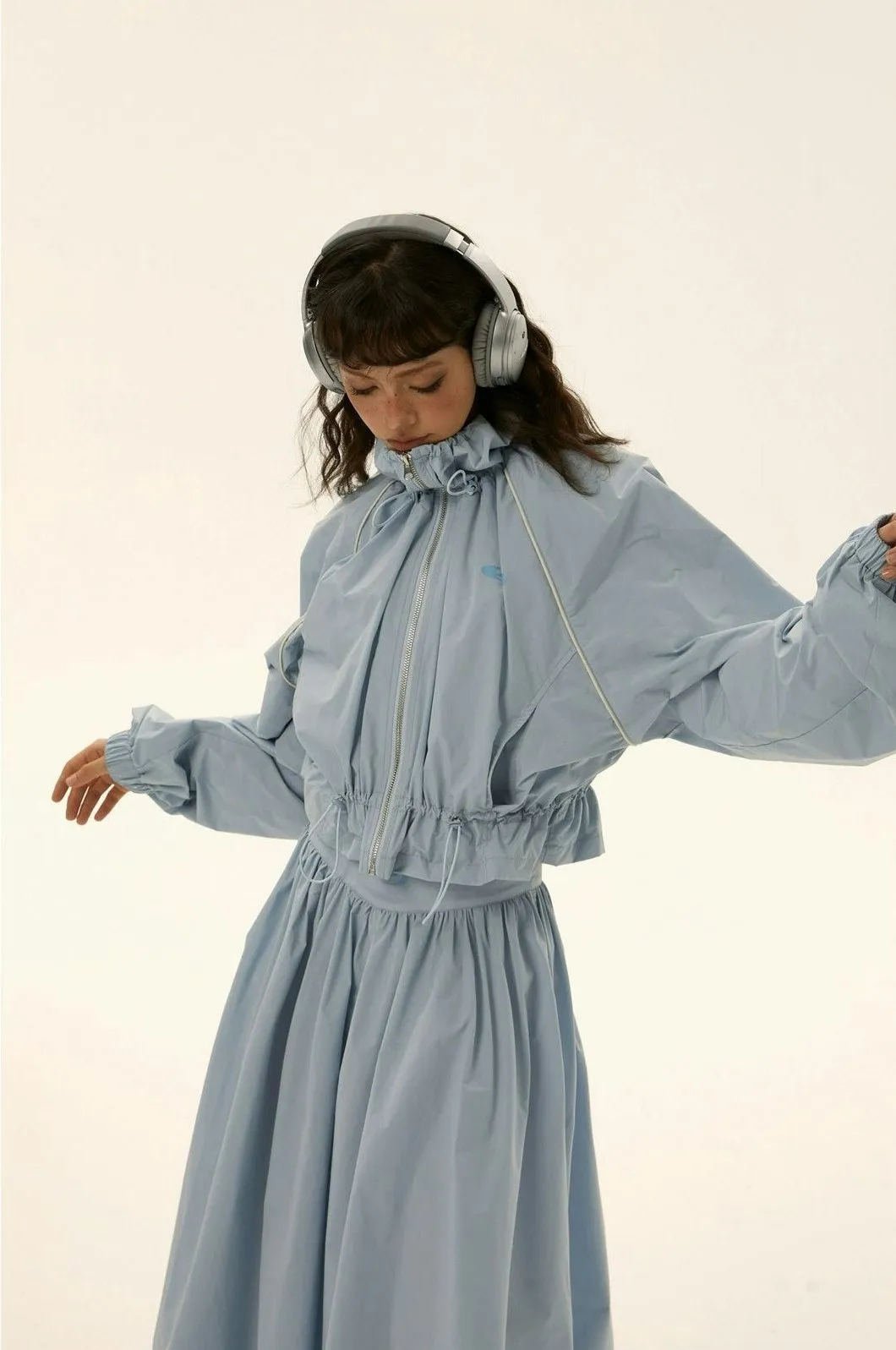Ruched Windbreaker Track Jacket and Balloon Midi Skirt Two Piece-Set