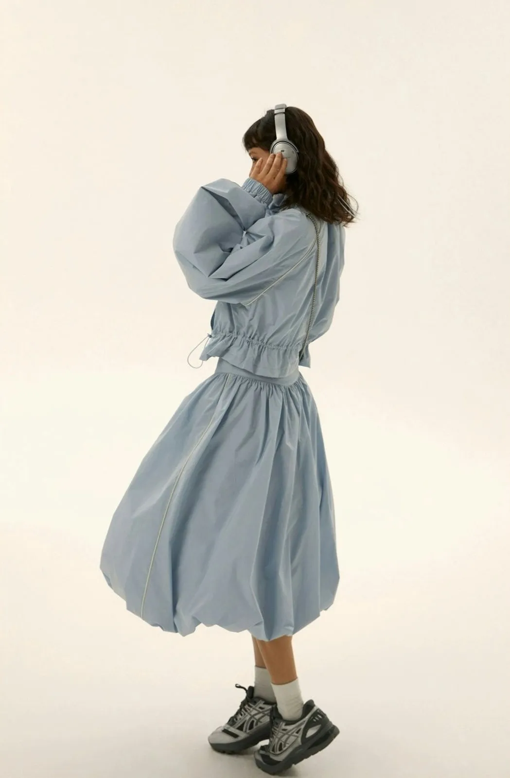 Ruched Windbreaker Track Jacket and Balloon Midi Skirt Two Piece-Set