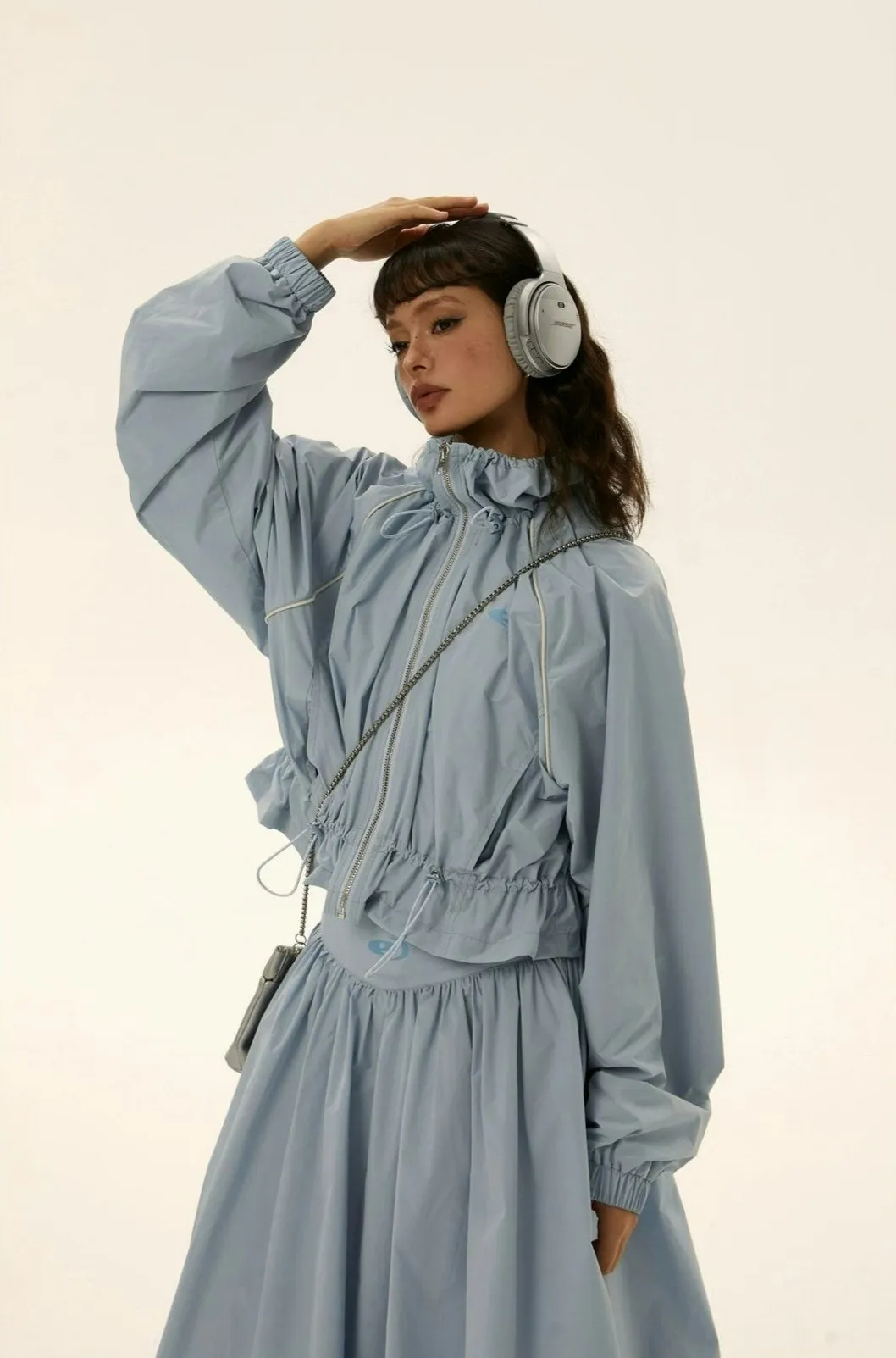 Ruched Windbreaker Track Jacket and Balloon Midi Skirt Two Piece-Set