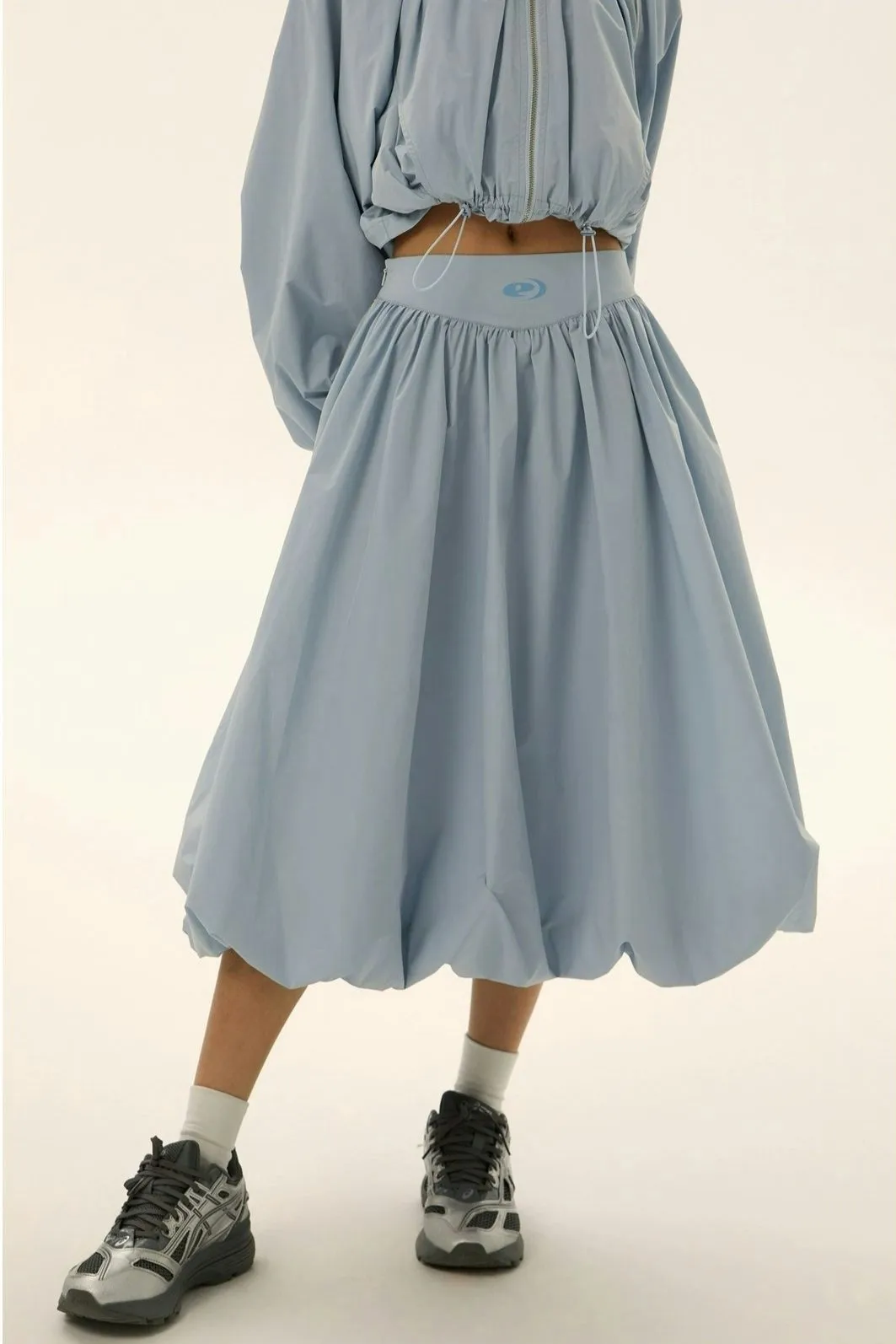 Ruched Windbreaker Track Jacket and Balloon Midi Skirt Two Piece-Set