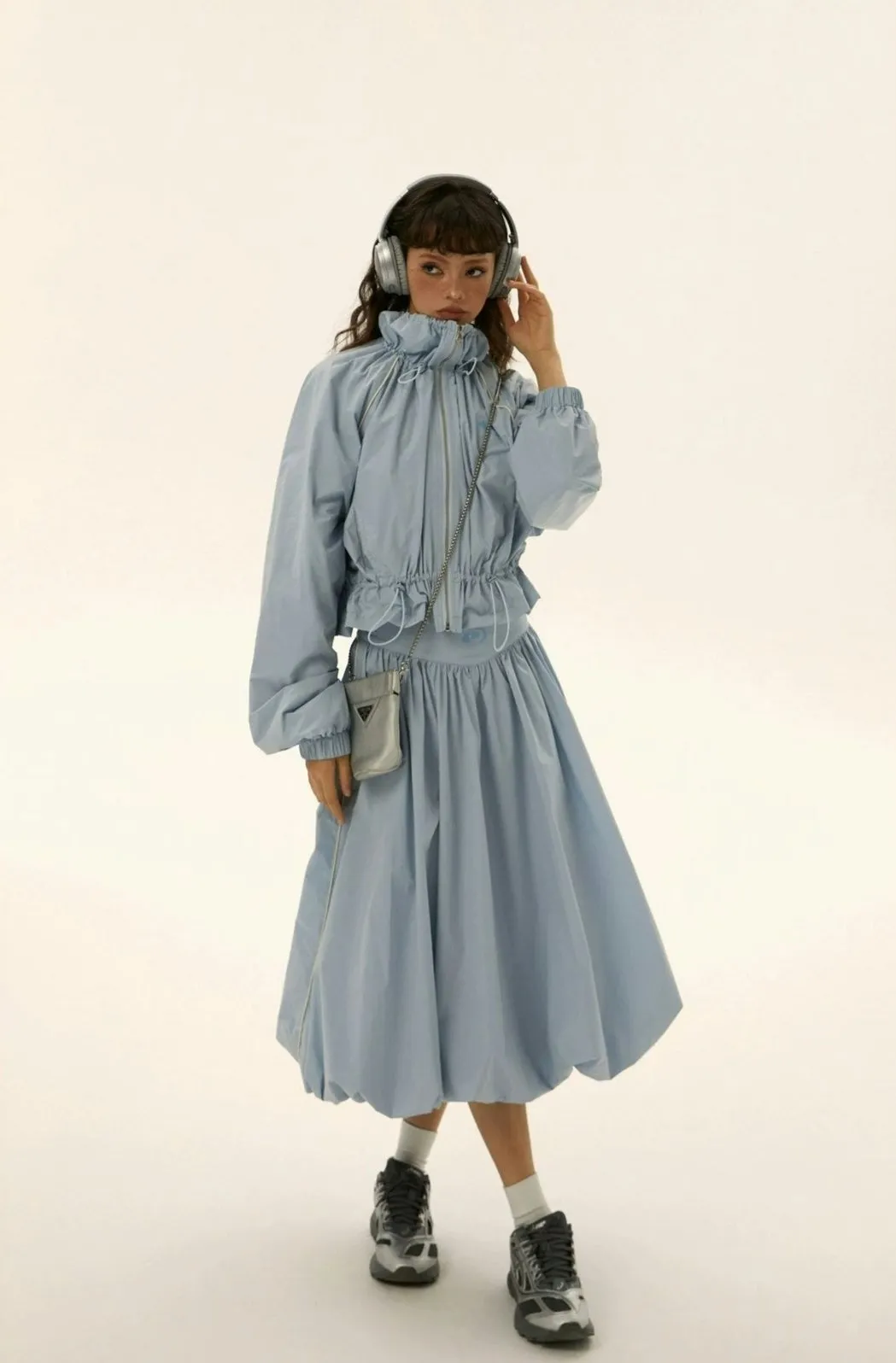 Ruched Windbreaker Track Jacket and Balloon Midi Skirt Two Piece-Set