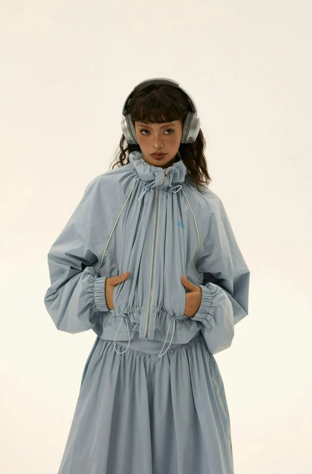 Ruched Windbreaker Track Jacket and Balloon Midi Skirt Two Piece-Set