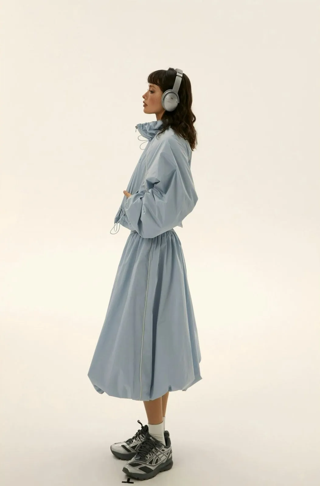 Ruched Windbreaker Track Jacket and Balloon Midi Skirt Two Piece-Set