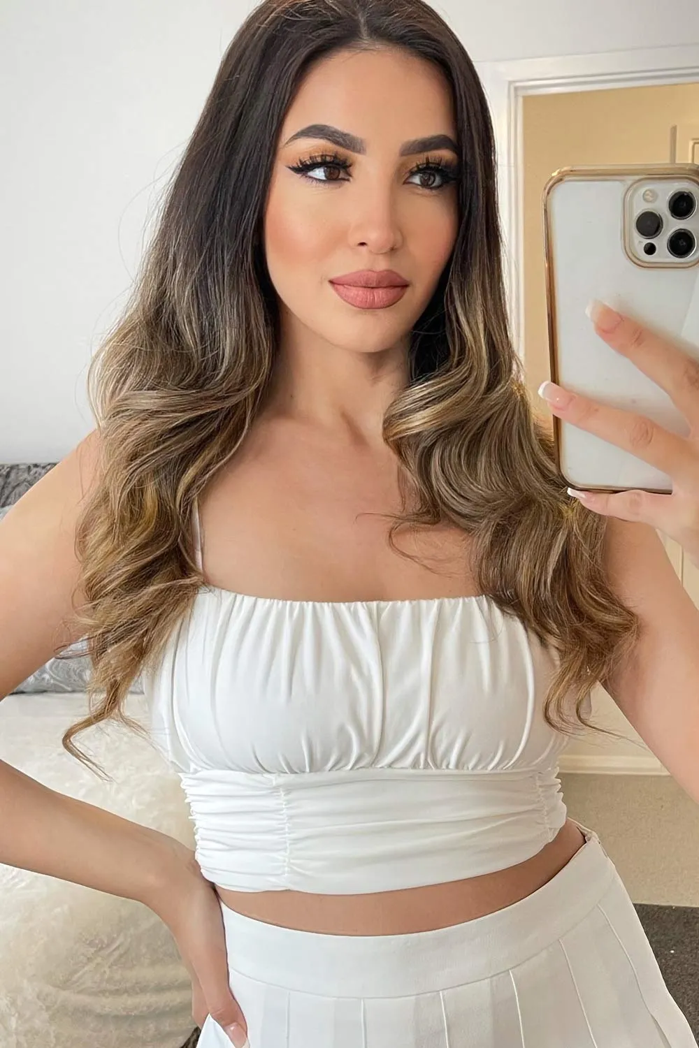 Sammie White Ruched Strappy Crop Top