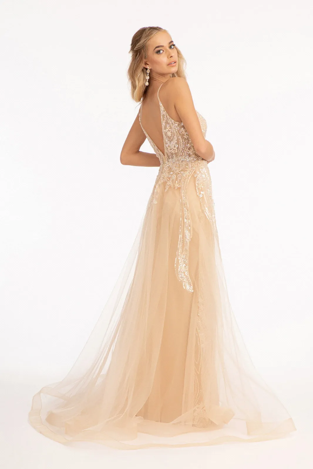 Sheer Bodice Mesh Mermaid Dress Detached Layer on Waist GLGL3043