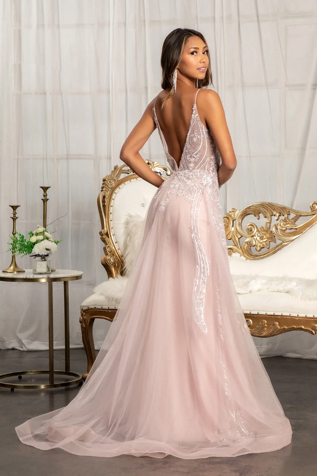 Sheer Bodice Mesh Mermaid Dress Detached Layer on Waist GLGL3043