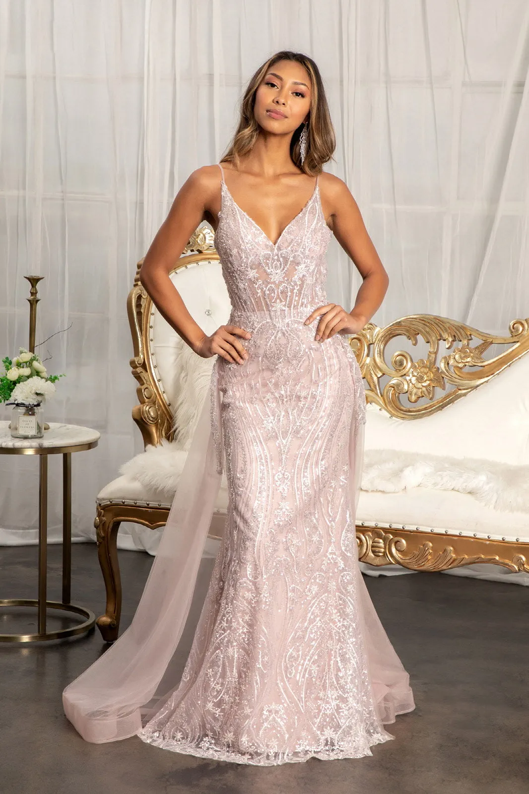 Sheer Bodice Mesh Mermaid Dress Detached Layer on Waist GLGL3043