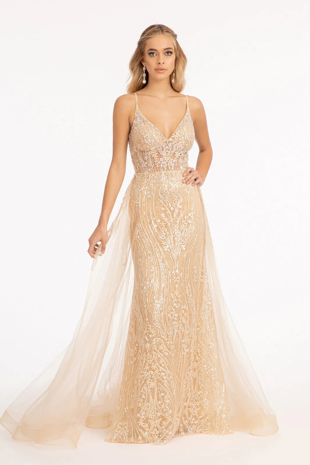 Sheer Bodice Mesh Mermaid Dress Detached Layer on Waist GLGL3043