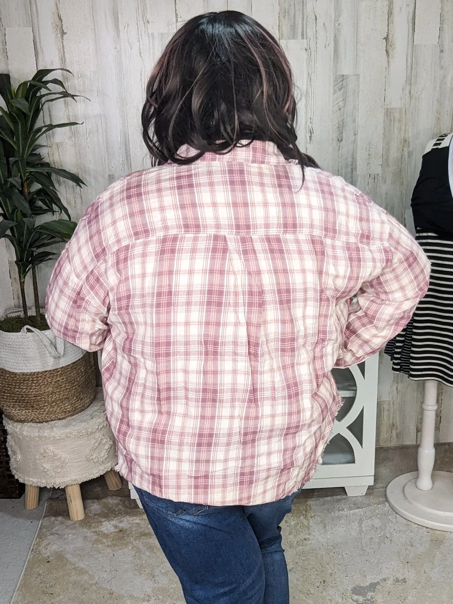 Sophie Plaid ButtonDown w/Fringe Bottom in Pinky Plum