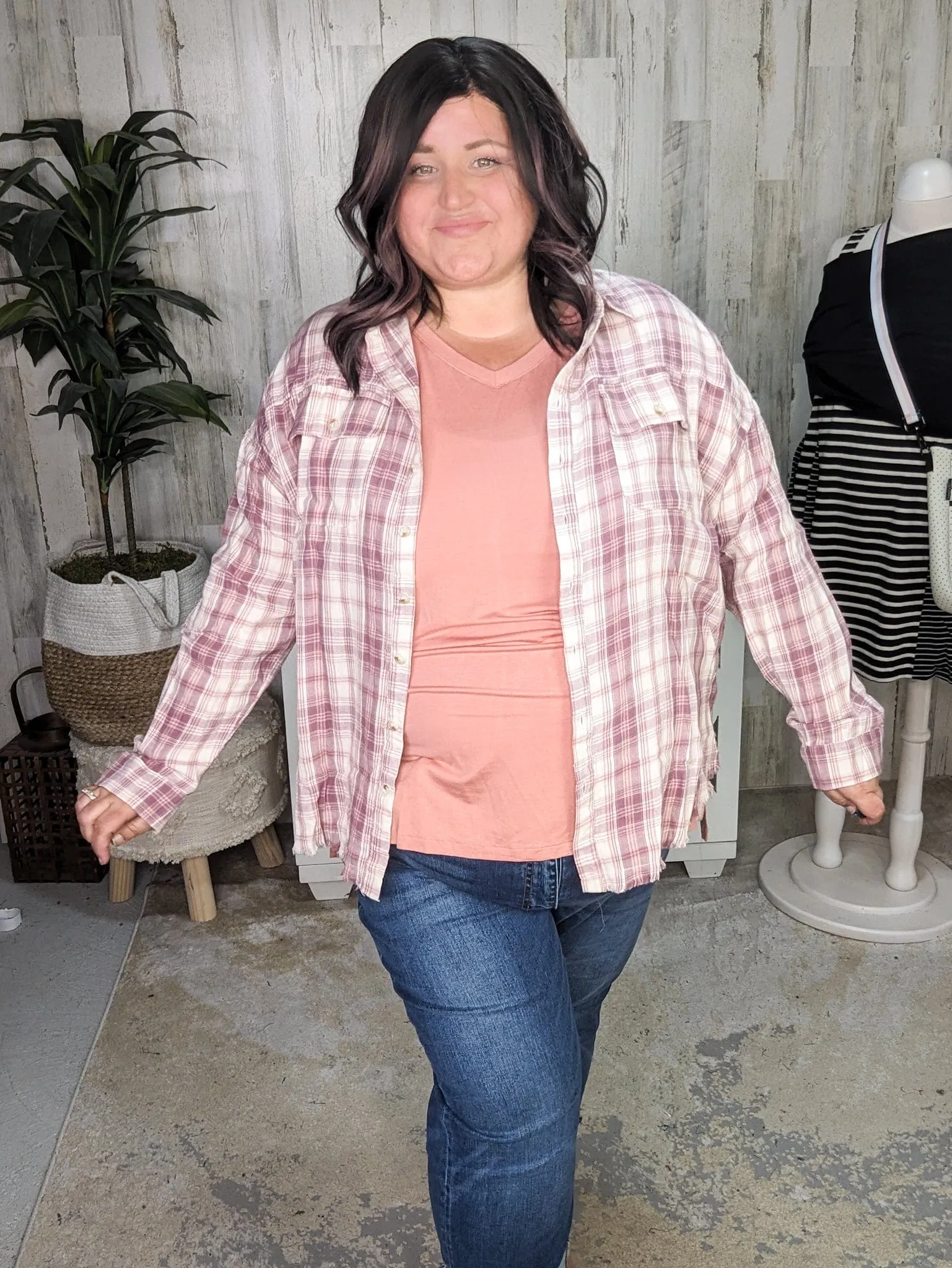 Sophie Plaid ButtonDown w/Fringe Bottom in Pinky Plum