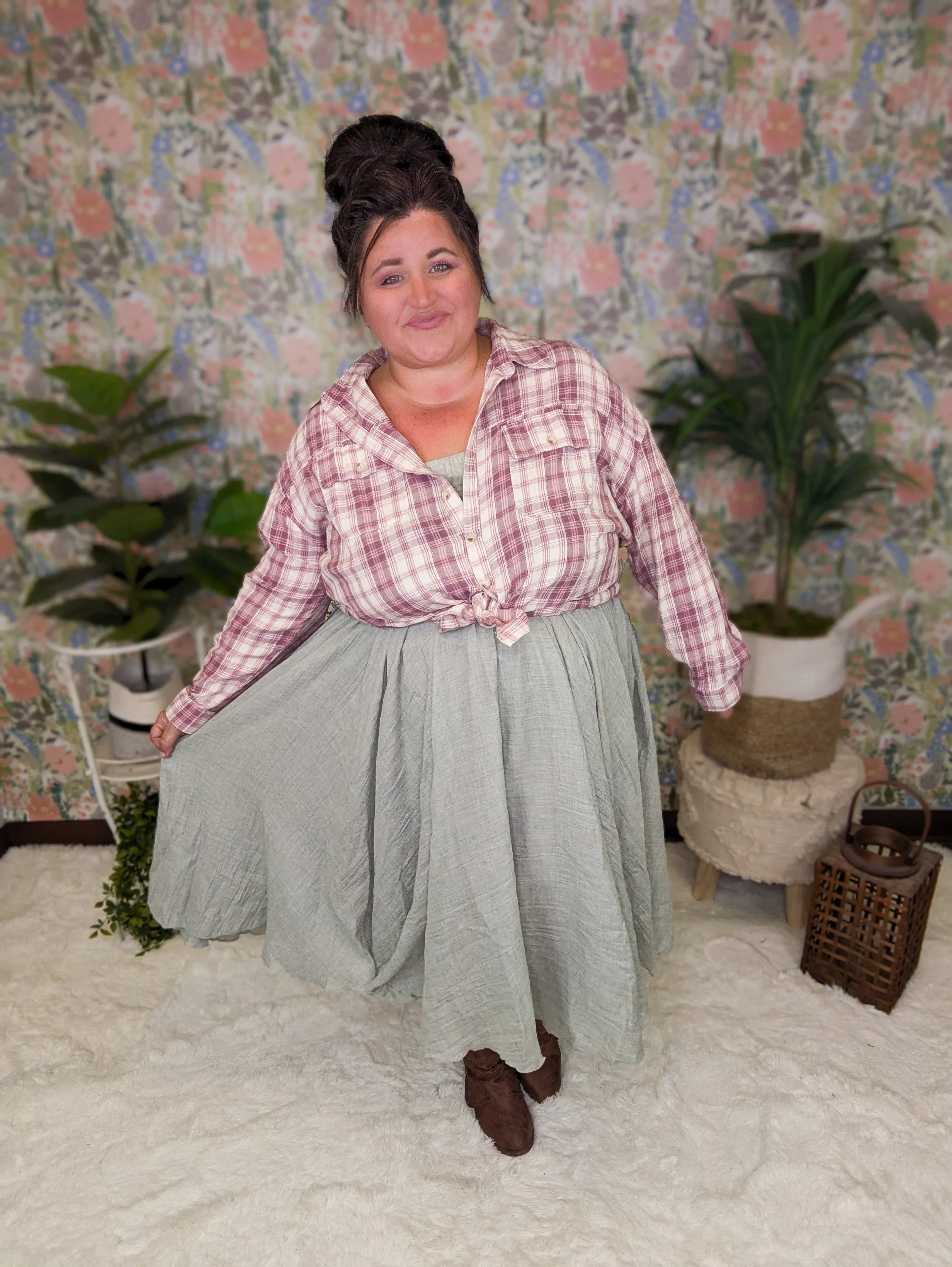 Sophie Plaid ButtonDown w/Fringe Bottom in Pinky Plum