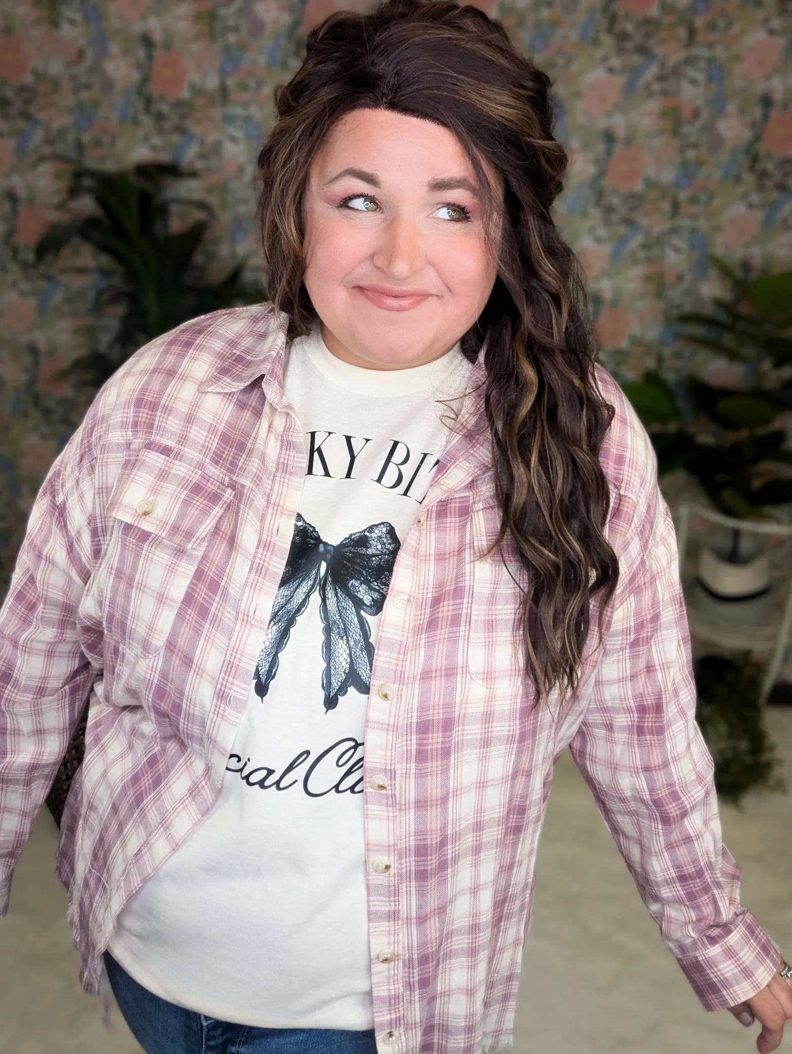 Sophie Plaid ButtonDown w/Fringe Bottom in Pinky Plum