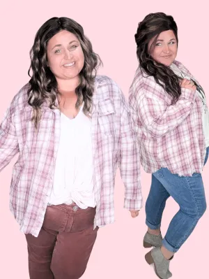 Sophie Plaid ButtonDown w/Fringe Bottom in Pinky Plum