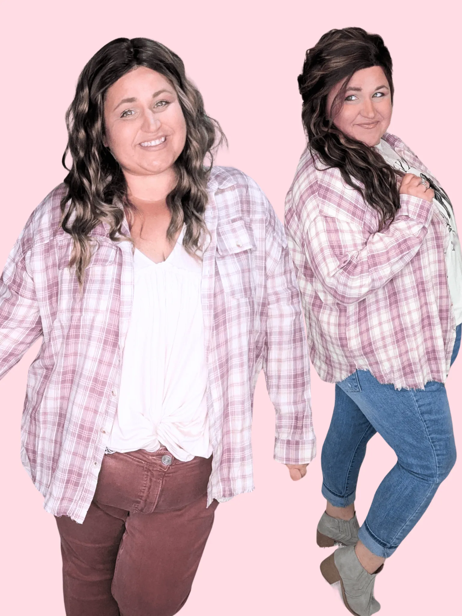 Sophie Plaid ButtonDown w/Fringe Bottom in Pinky Plum