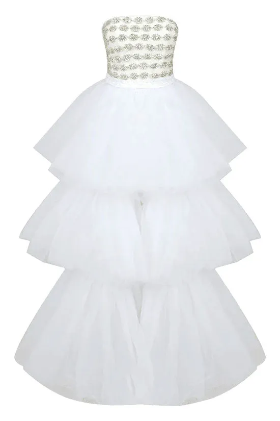 Sparkly Rhinestone Tube Top Layered Tulle High Low Evening Dress - White