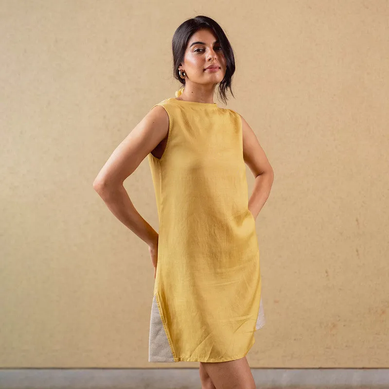 Tencel Solid Bloom Dress For Women | Mustard
