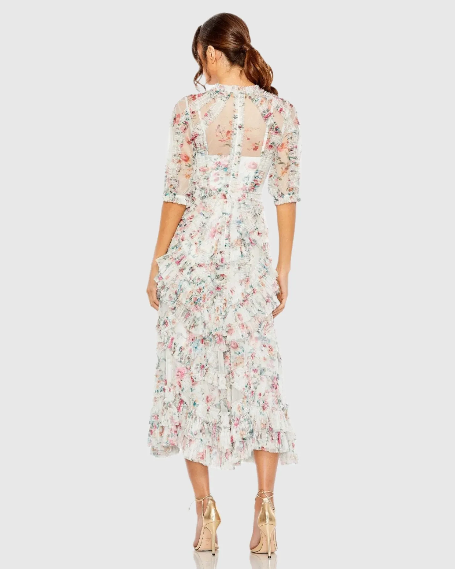 White Multicolor Mesh Puff Sleeve Floral Print Dress