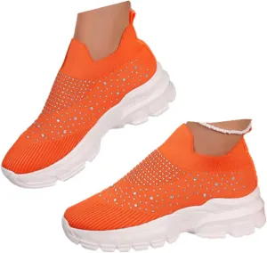 Women's Rhinestone Thick Sole Breathable Sneaker Fashion Mesh Walking Shoe Breathable Slip-on Loafers Non-Slip Orthopedic Arch Support Sock Sneaker Platform Sparkly Elastic Walking Shoes